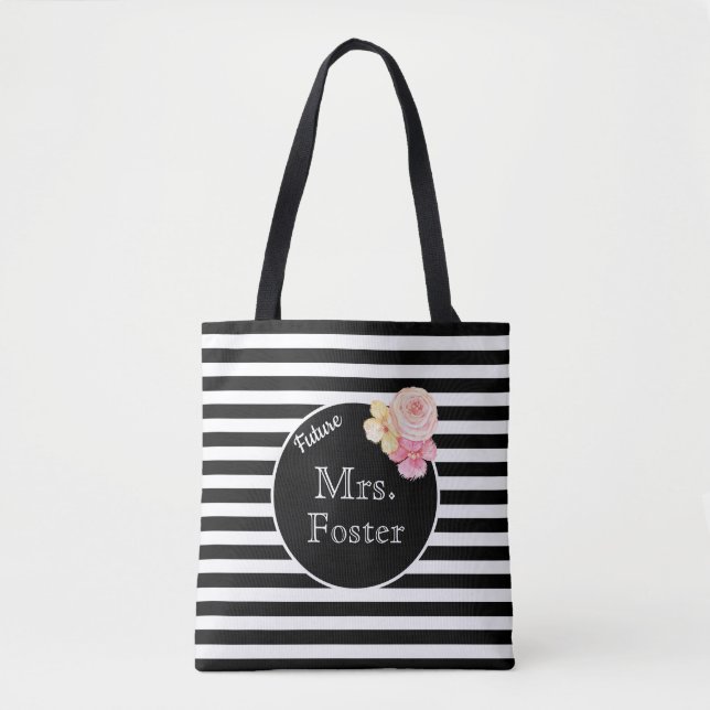 Mrs. Custom Last Name with Black & White Stripes Tote Bag (Front)
