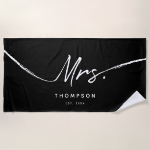 Mrs. Custom Modern Black White Minimalist Script Beach Towel