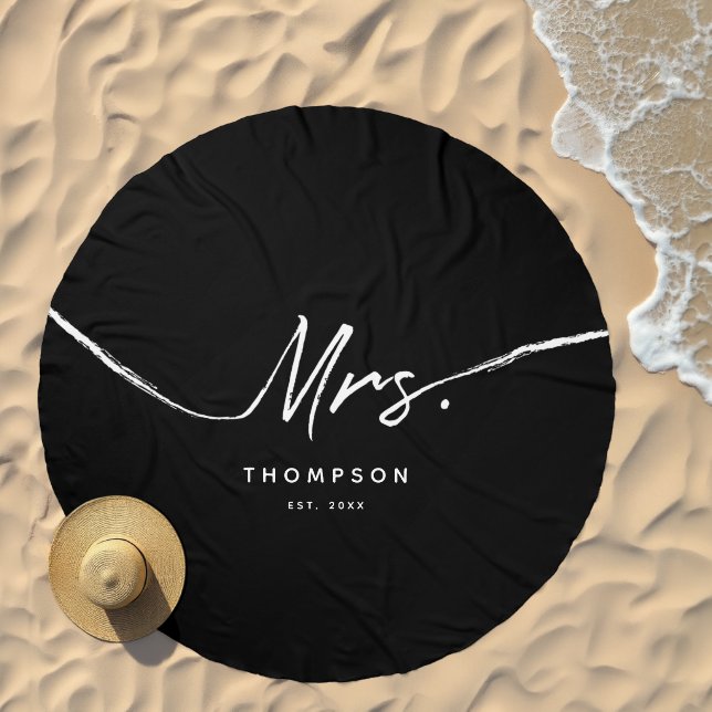 Mrs. Custom Modern Black White Minimalist Script Beach Towel (Beach)