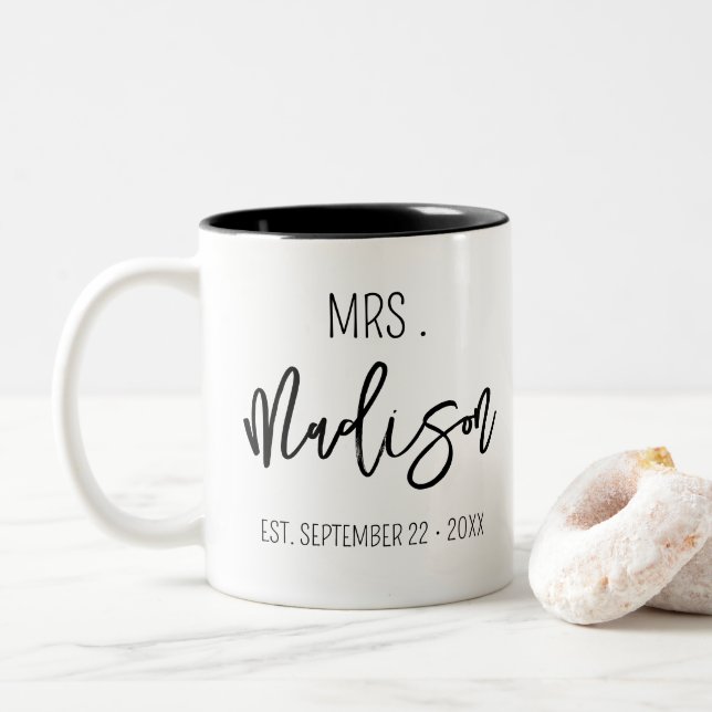 MRS Custom Name Wedding Date Personalized Wedding Two-Tone Coffee Mug (With Donut)