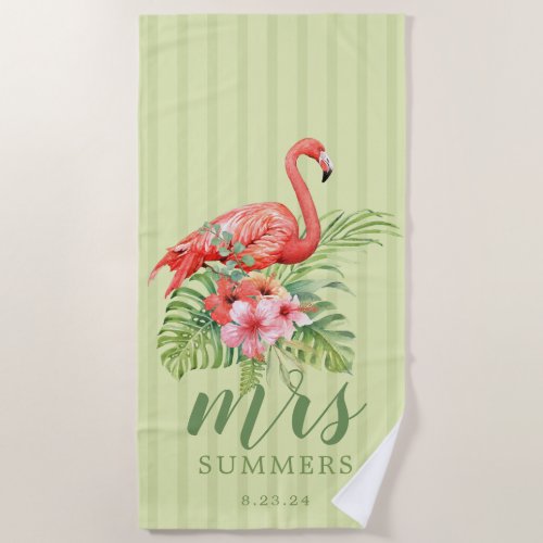 Mrs Date Flamingo Tropical Floral Green Beach Towel