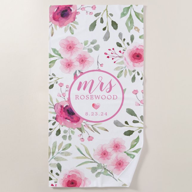 Mrs Date Soft Pink Watercolor Floral Beach Towel (Front)