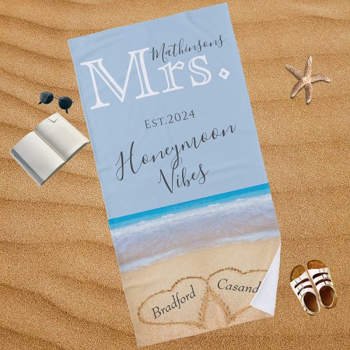 Mrs Dusty Blue Beach Wedding 2 Hearts Sand  Beach Towel
