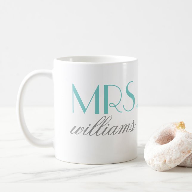 Mrs Elegant Aqua Personalized Wedding Monogram Coffee Mug (With Donut)