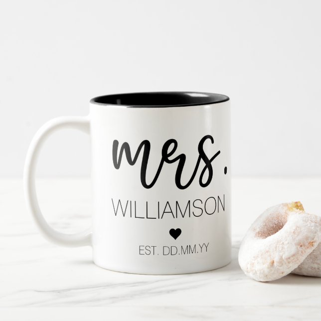 Mrs. Elegant Custom Name Wedding New Couple Gift  Two-Tone Coffee Mug (With Donut)