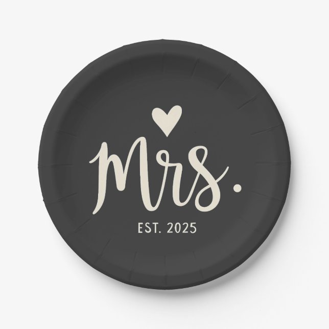 Mrs Est. 2025 Husband Bride Engagement Wedding Paper Plates (Front)