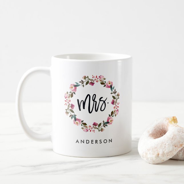 Mrs. Floral Wreath Personalized Coffee Mug (With Donut)