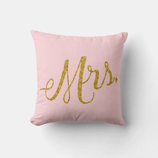 Mrs. Gold Faux Glitter Metallic Sequins Quote Pink Throw Pillow (Front)