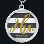 Mrs Gold Foil New Bride Personalized Necklace<br><div class="desc">Designer Mrs. in gold foil texture on a black-and-white stripes background with a place for your personalization. Mrs necklace,  Wedding Necklace,  Wedding Jewelry,  Personalized Locket,  Personalized Necklace,  Bridal Shower Gift,  New Bride Gift,  Wedding Gift for Bride.</div>