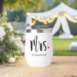 Mrs Heart Modern Black Script Wedding Thermal Wine Tumbler