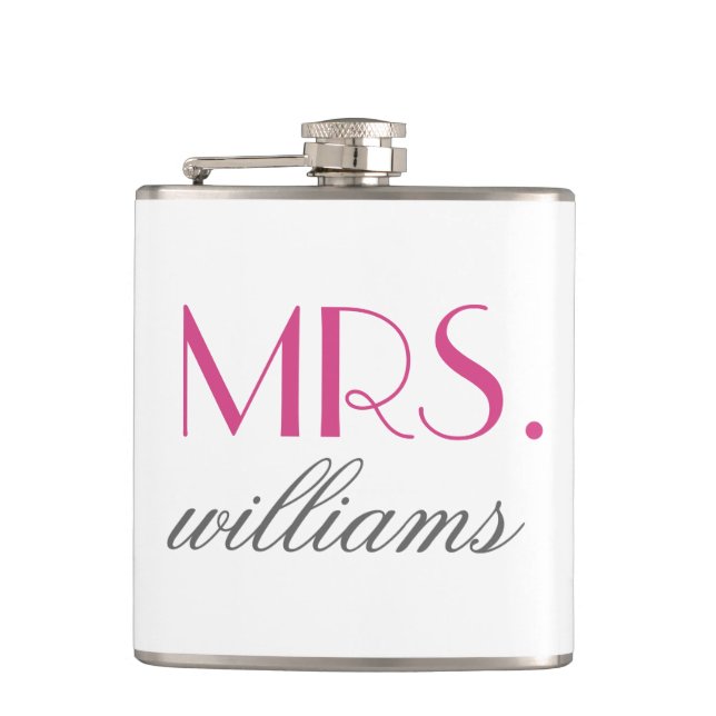 Mrs Hot Pink Modern Wedding Custom Name Flask (Front)