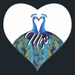 Mrs Kissing Peacock Gatsby Roaring 20s Blue Green Heart Sticker<br><div class="desc">Kissing Peacock Gatsby Roaring 20s Blue Green Mrs or Monogram Wedding Seal for Thank you cards or Wedding Party</div>