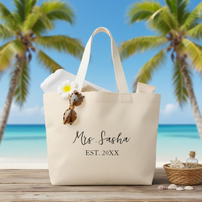 Mrs. Last Name Est Year - mrs. calligraphy script Large Tote Bag (Creator Uploaded)