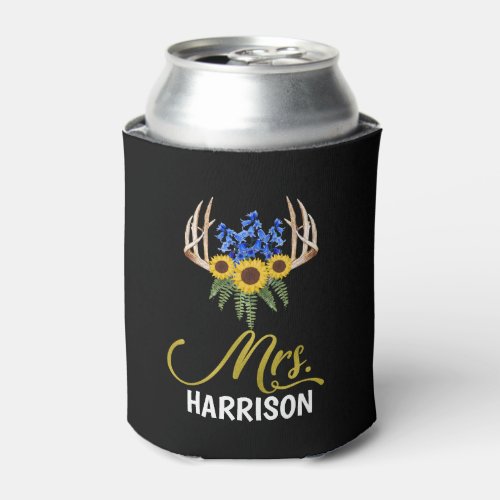 Mrs Last Name Rustic Floral Antlers Wedding Can Cooler