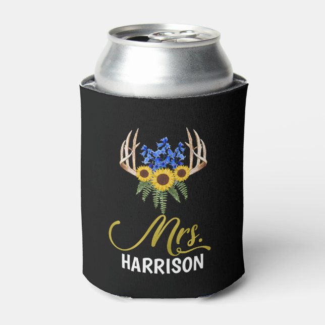 Mrs Last Name Rustic Floral Antlers Wedding Can Cooler (Can Front)
