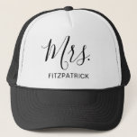 Mrs Last Name Simple Wife Bride Newlywed Trucker Hat<br><div class="desc">Simple trucker hat with "Mrs." in an elegant script along with your last name in black over a white background.  This modern trucker hat makes a great wedding gift for a bride to wear on her honeymoon.</div>