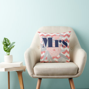 Mrs Lips Navy Coral Grey Boho Teal Floral Throw Pillow