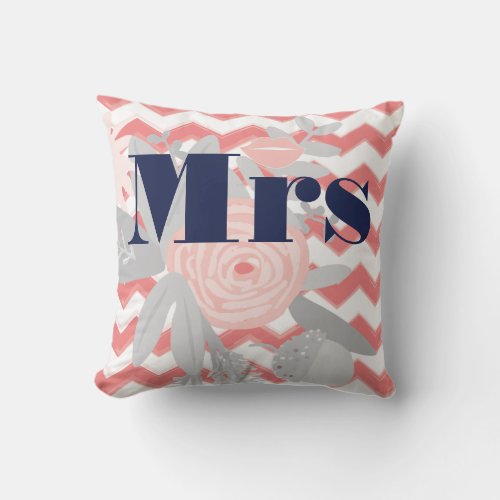Mrs Lips Navy Coral Grey Boho Teal Floral Throw Pillow