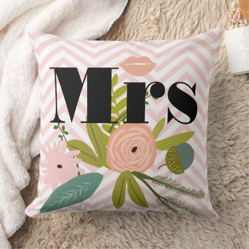 Mrs Lips Pinky Peach Zig Zag Green Teal Floral Throw Pillow