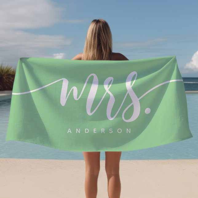 Mrs Mint And White Newlywed Bride Personalized Beach Towel (Creator Uploaded)
