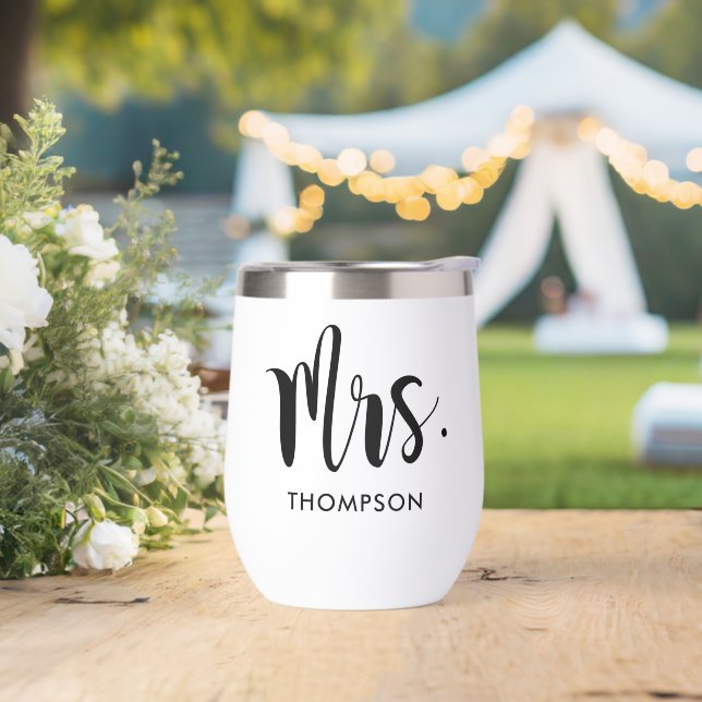 Mrs Modern Black Script Wedding Custom Thermal Wine Tumbler (Wedding)