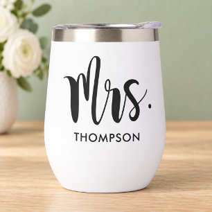 Mrs Modern Black Script Wedding Custom Thermal Wine Tumbler