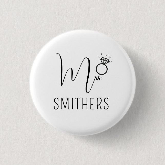 Mrs Modern Black Script Wedding Newlywed Monogram Button (Front)