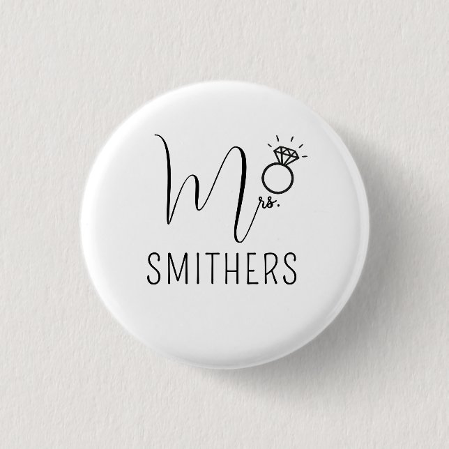 Mrs Modern Black Script Wedding Newlywed Monogram Button (Front)