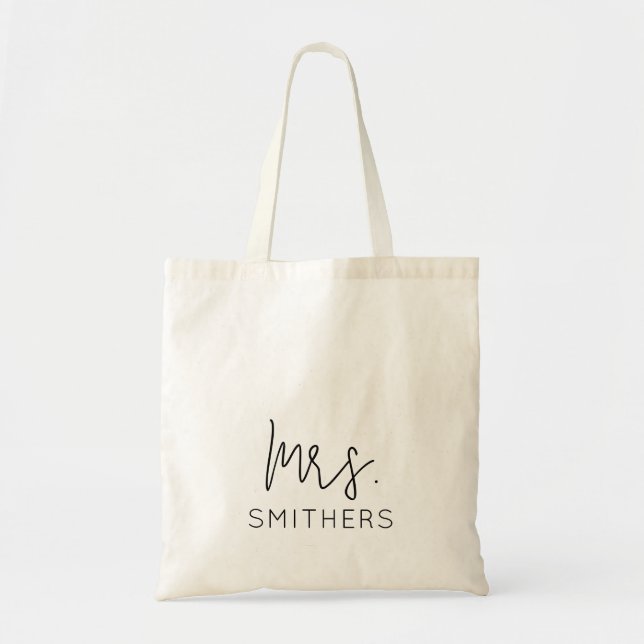 Mrs Modern Black Script Wedding Newlywed Monogram Tote Bag (Front)