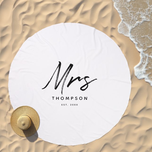 Mrs. Modern Black White Minimalist Script  Beach Towel (Beach)