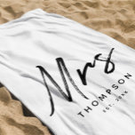 Mrs. Modern Black White Minimalist Script  Beach Towel<br><div class="desc">A simple minimalist white background and black script text "Mrs" beach towel that can be customized to your surname and established date. An ideal gift for newlyweds,  bridal showers,  wedding gifts. Customize the text and make it your own.</div>