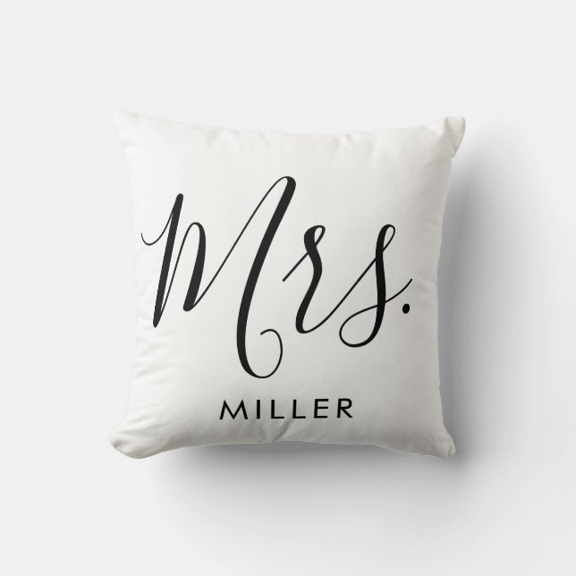 Mrs. Modern Elegant Script Monogram Wedding Throw Pillow (Front)