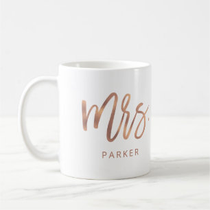Mrs. Modern Rose Gold Script and Last Name Coffee Mug