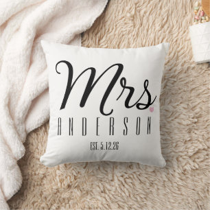 Mrs Modern Script Custom Wedding Date Newlywed  Throw Pillow