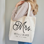 Mrs Modern Script Custom Wedding Newlywed Gift Tote Bag<br><div class="desc">Celebrate the bride in style with this personalized bridal tote bag, featuring elegant modern script typography and customizable text. Designed for brides, brides-to-be, and the bride tribe, this tote makes a beautiful and practical keepsake she’ll love using long after the celebration ends. Perfect as a bachelorette party gift, bridal party...</div>
