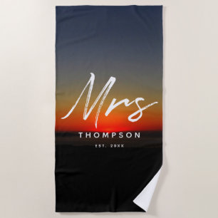 Mrs. Modern Sunset in Water Minimalist Script  Beach Towel
