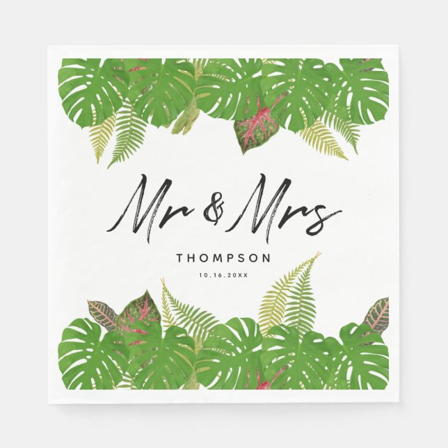 Mrs. Modern Tropical Leaves Script Wedding Napkins (Front)