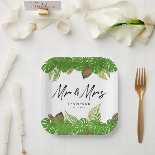 Mrs Modern Tropical Leaves Script Wedding Paper Plates
