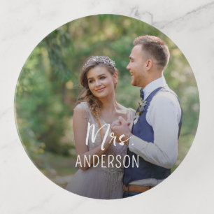 Mrs. Monogram Wedding Couple Photo Gift for Bride Trinket Tray