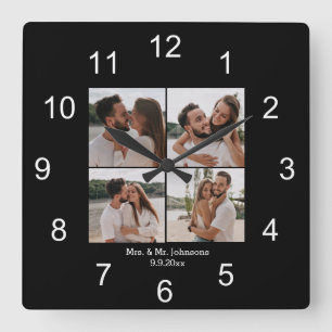 mrs & mr black white 4 photos collage wedding square wall clock