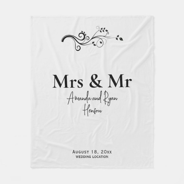 Mrs. & Mr. Bridal Couple Minimalist Wedding Gift Fleece Blanket (Front)
