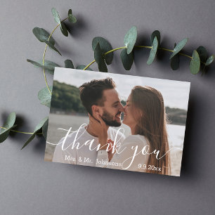 mrs & mr stylish calligraphy wedding day photo thank you card