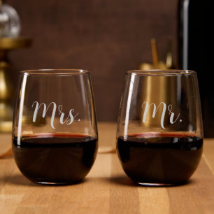 Mrs Mr Wedding Stemless Wine Glass