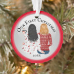 Mrs & Mrs couple first Christmas PHOTO romantic Ornament<br><div class="desc">Celebrate your first Christmas together with this adorable illustration of a black hair and strawberry blond couple with long and shoulder length hair sitting with their backs to you wearing ugly Xmas sweaters and drinking hot chocolate. The words, our first Christmas followed by the year, appear on the front and...</div>