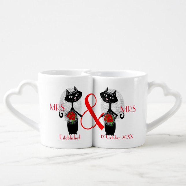 Mrs & Mrs Lesbian Couple Personalized Wedding Gift Coffee Mug Set (Back Nesting)