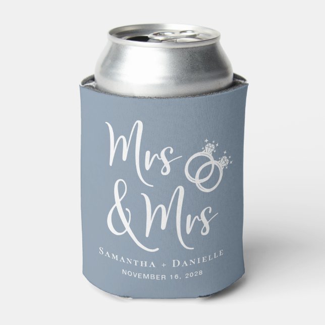 Mrs & Mrs Lesbian Dusty Blue Wedding Favor Can Cooler (Can Front)