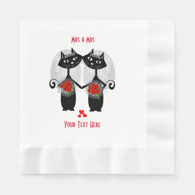 Mrs + Mrs Lesbian Marriage Cat Cute Brides Wedding Paper Napkins (Front)