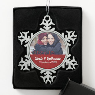 Mrs & Mrs Lesbian Marriage Red Damask Photo Snowflake Pewter Christmas Ornament