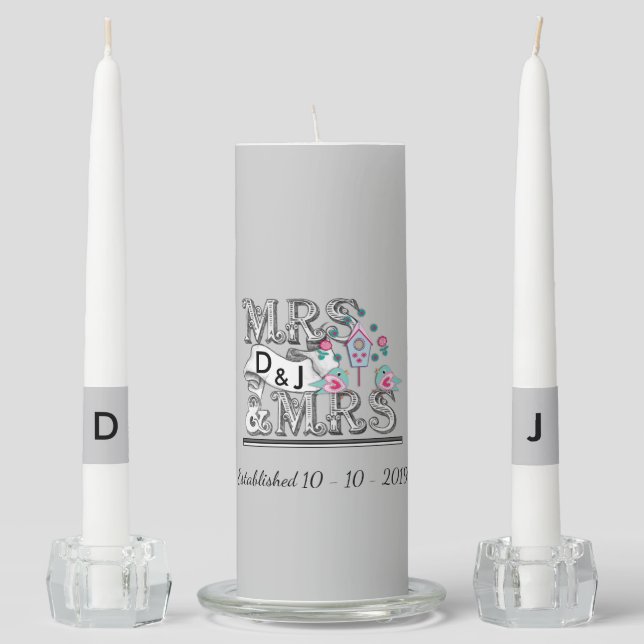 Mrs & Mrs Lesbian Marriage Wedding Personalized Unity Candle Set (Front)