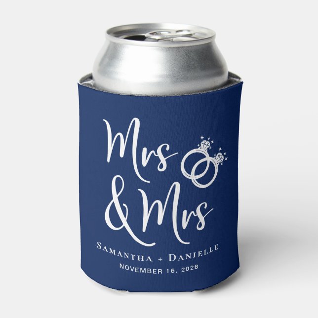 Mrs & Mrs Lesbian Navy Blue Wedding Favor Can Cooler (Can Front)